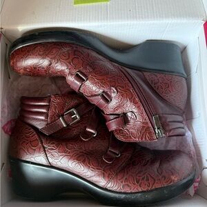 Women’s Allegra red floral etched short leather boot